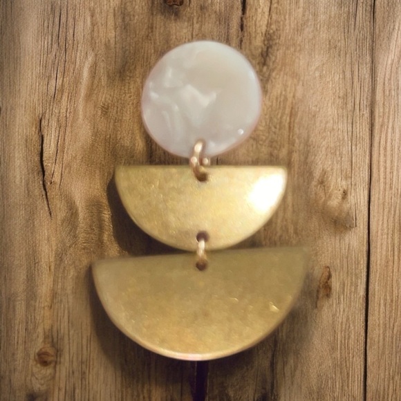 White and Brass Half Circle Earrings, White Jewelry, Modern Jewelry - Picture 3 of 7